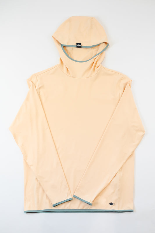 A peach-colored hoodie with a scuba neck design, laid flat on a plain background.